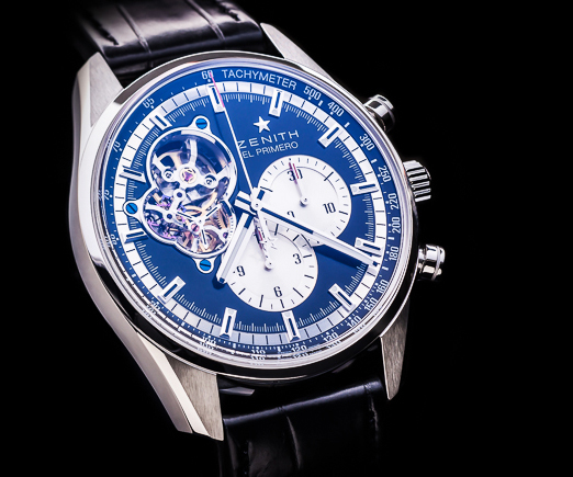 Luxury Zenith El Primero watch photographed with precision studio lighting against black background for high-end commercial watch photography.